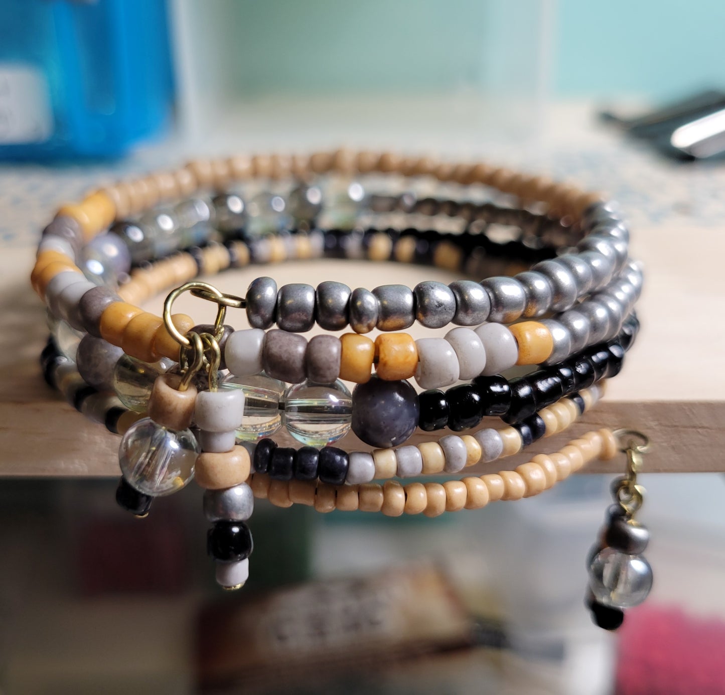 Peach, gray, black, silver Memory Wire Bracelet - One size fits most