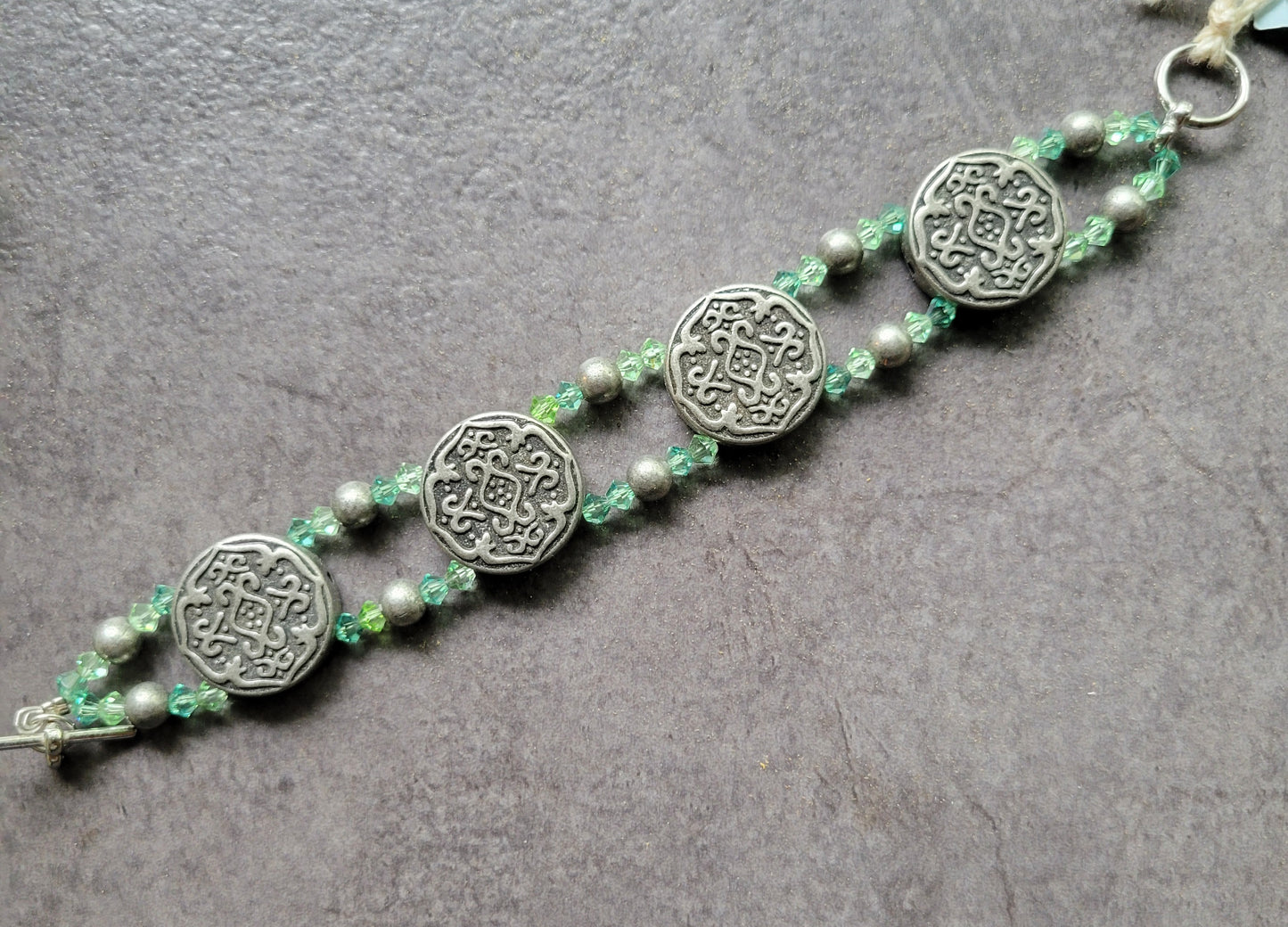 Silver & Green w/Swarovski Bicones Toggle Bracelet, approx. 7"