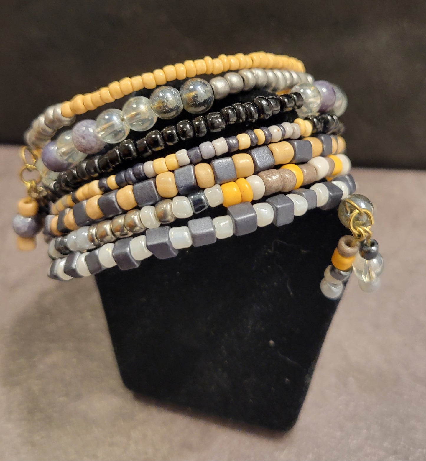 Memory Wire Bracelet - peach, gray, silver, black mix - 8 wraps - one size fits most