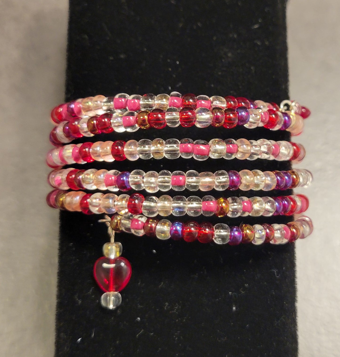 Pink, red, crystal mix - Memory Wire bracelet w/heart dangles