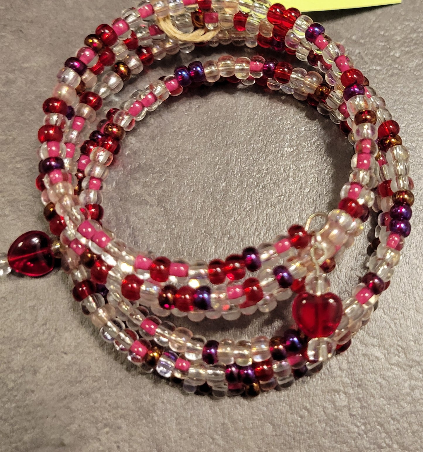 Pink, red, crystal mix - Memory Wire bracelet w/heart dangles