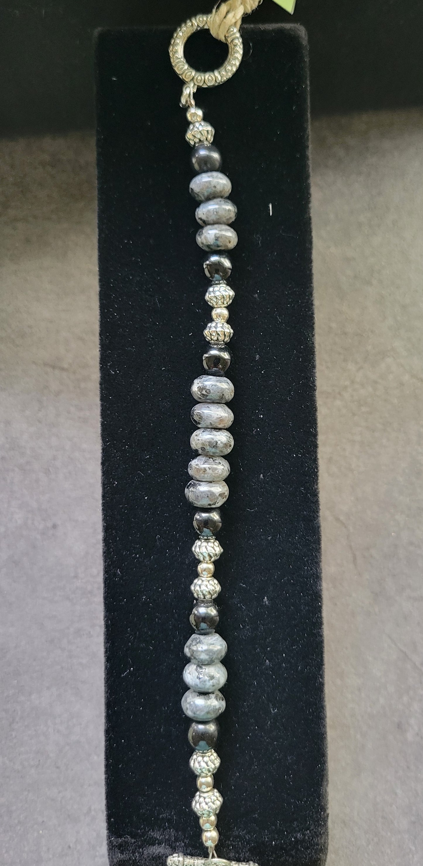 Gray stone, black & silver Toggle Bracelet, Approx. 7 3/4"