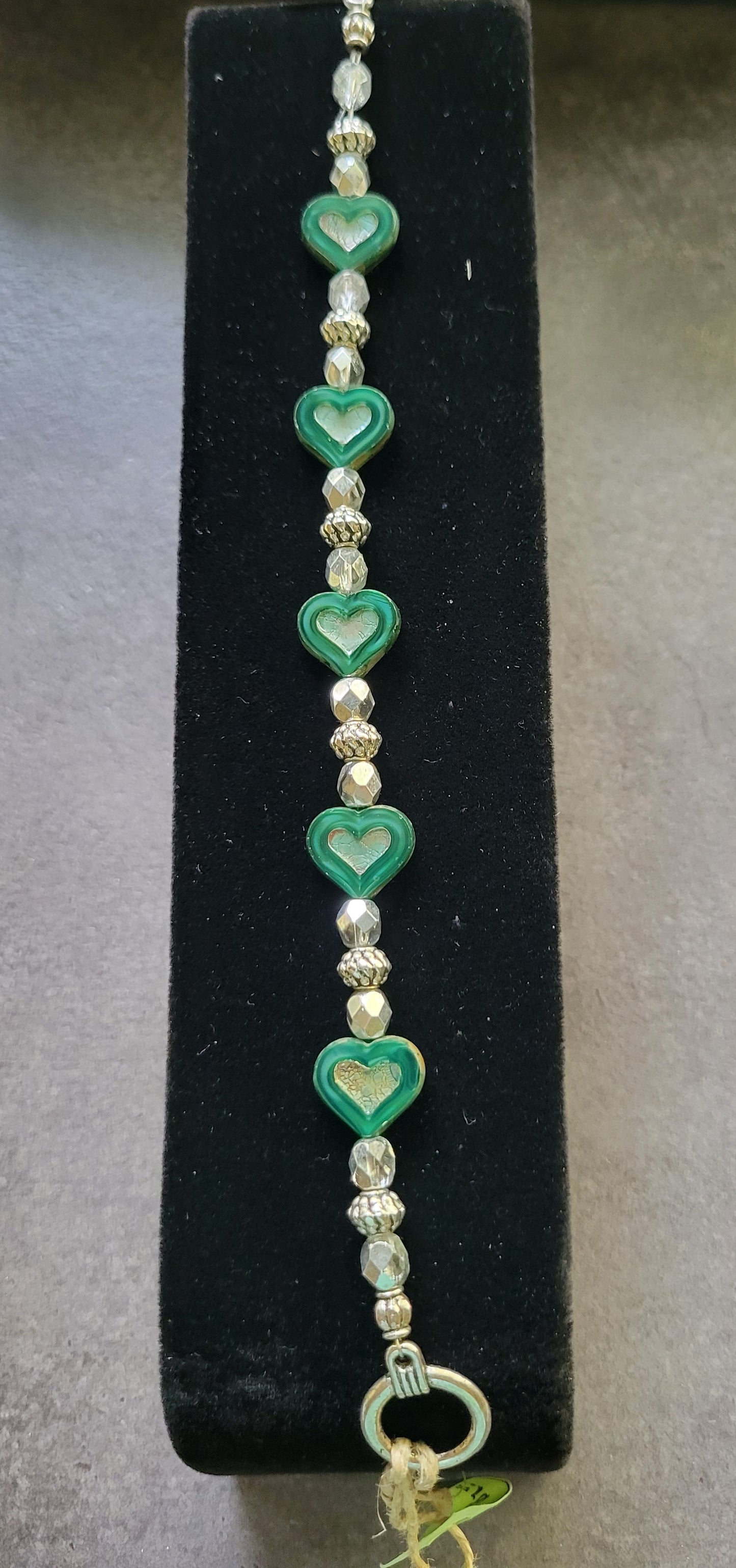 Green Heart w/crystal & Silver Toggle Bracelet - Approx. 7 3/4"
