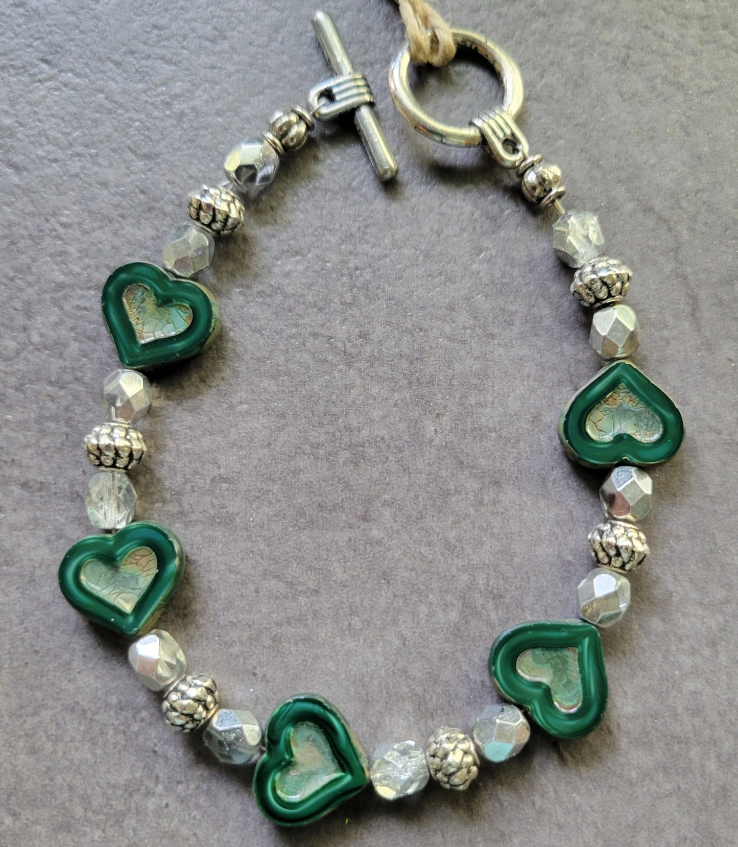 Green Heart w/crystal & Silver Toggle Bracelet - Approx. 7 3/4"