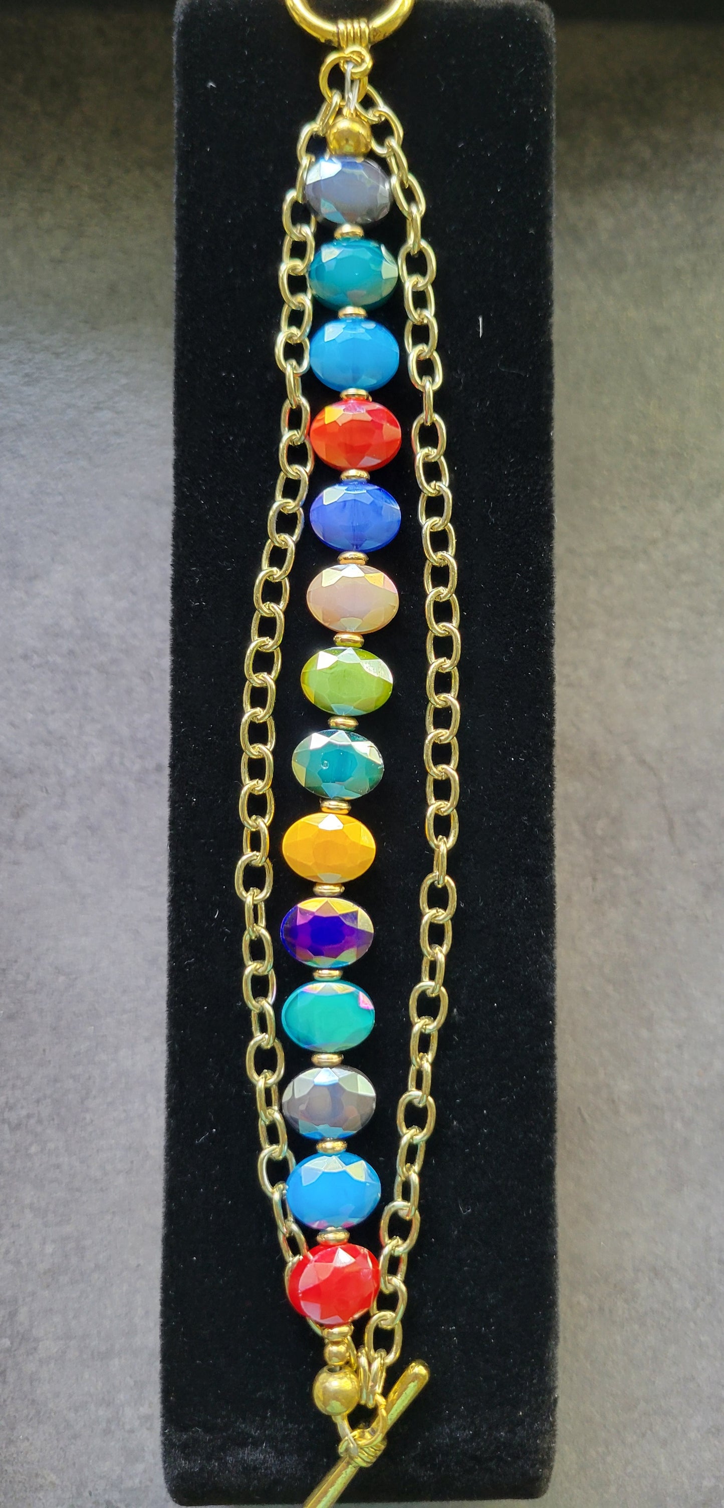 3-Strand Multi-color Bracelet w/Gold chains, Toggle Bracelet- Approx. 7 1/2"