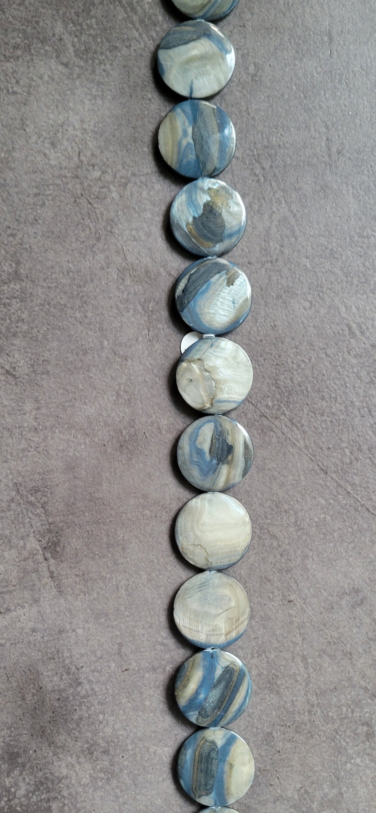 Blue Steel Flat Round Mother-of-pearl (dyed) shell - approx, 15" Strand