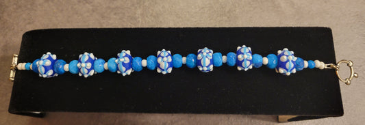 Bracelet - Blue Lampworked Beads - Toggle Clasp - 8"