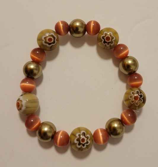 Stretch Bracelet - Millifiori/Pearl/Cat's Eye - Approx 7 1/2"