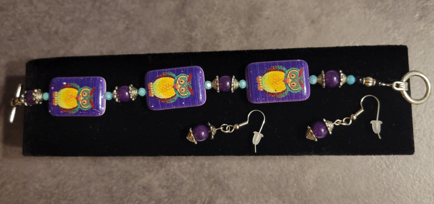 Purple Owl Bracelet & Earrings - 8 3/4" Bracelet Length