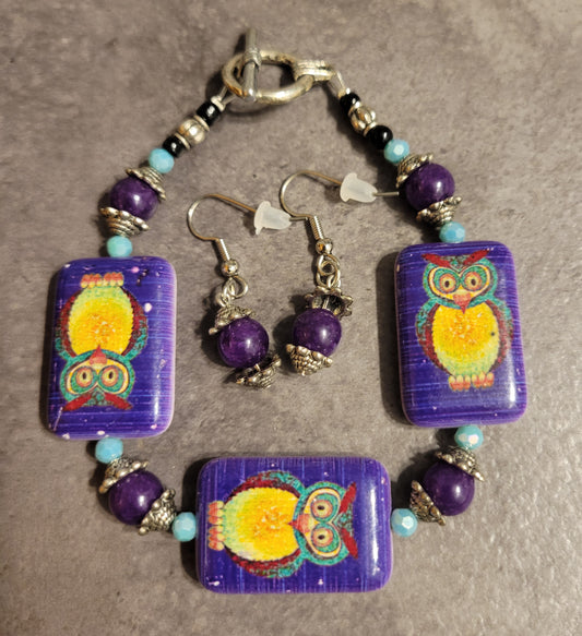 Purple Owl Bracelet & Earrings - 8 3/4" Bracelet Length