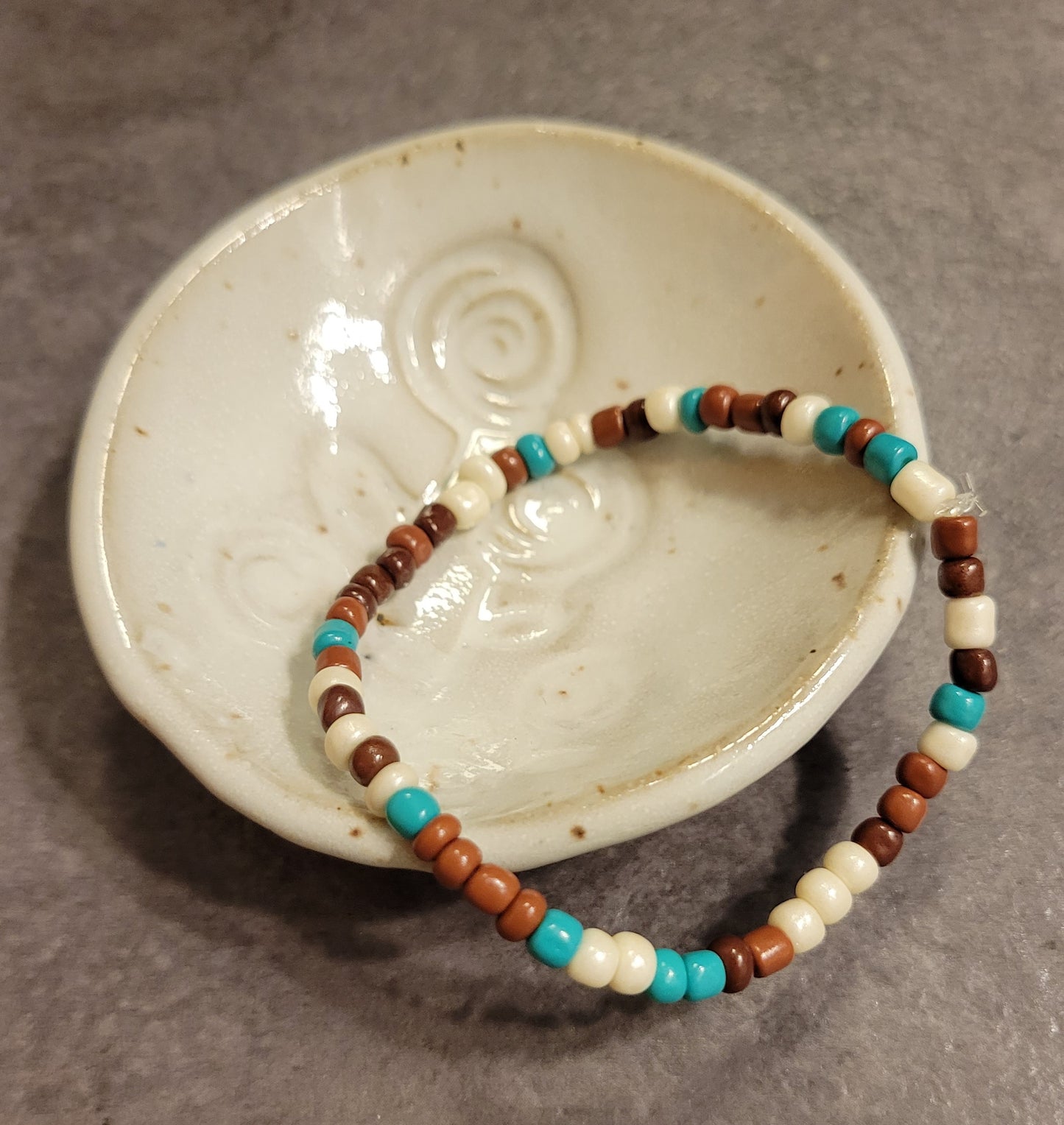 Stretch Bracelet - Brown, White, Turquoise - Approx. 7 1/2"