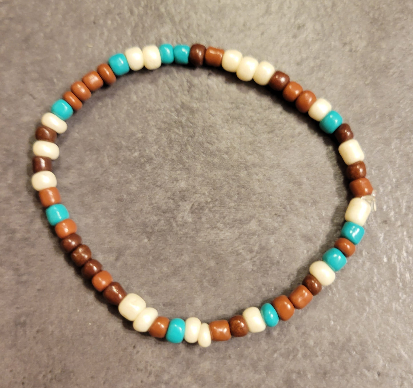 Stretch Bracelet - Brown, White, Turquoise - Approx. 7 1/2"