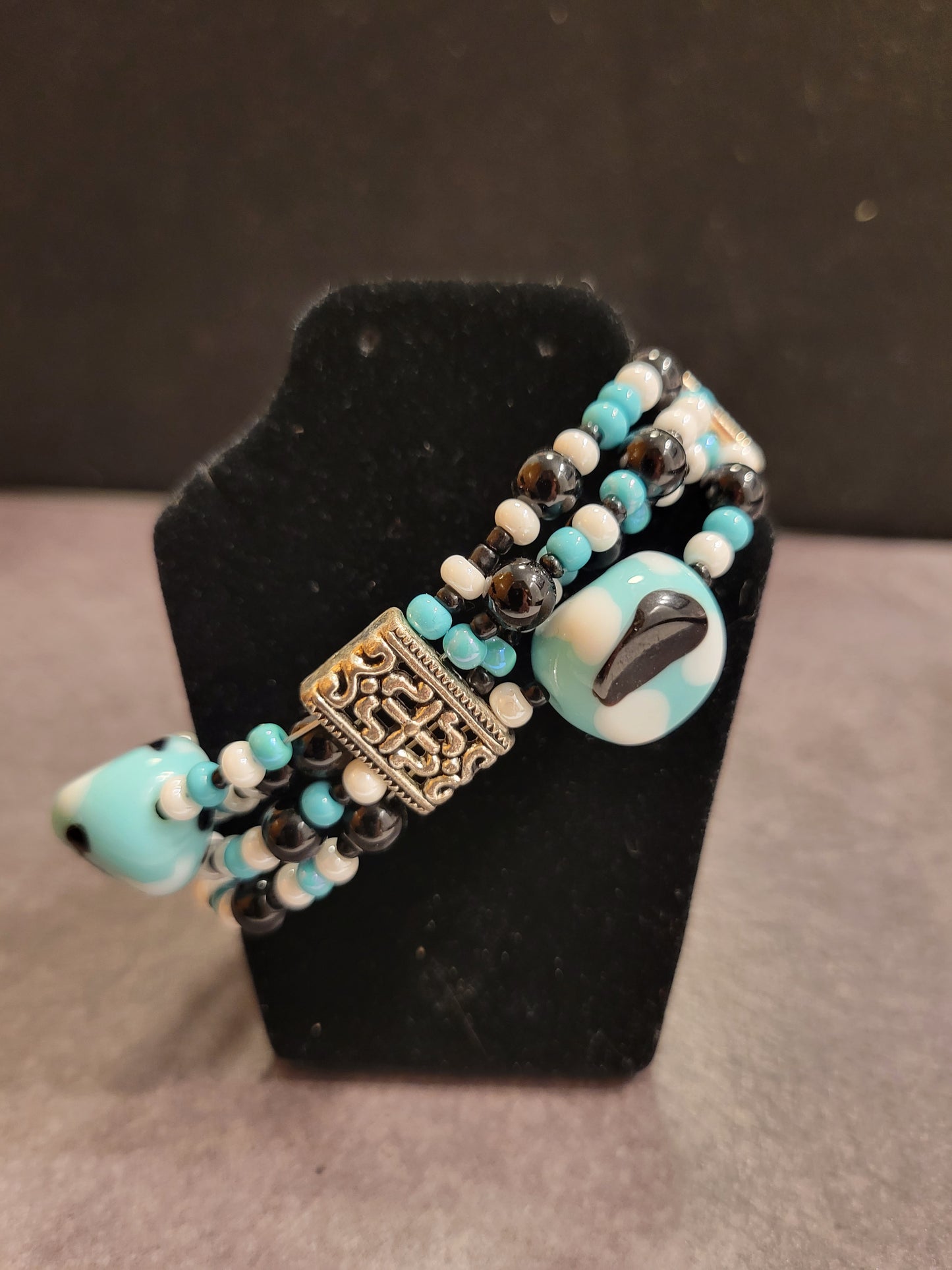 Bracelet - Light Blue, Black, White & Silver - Approx. 7 1/4"