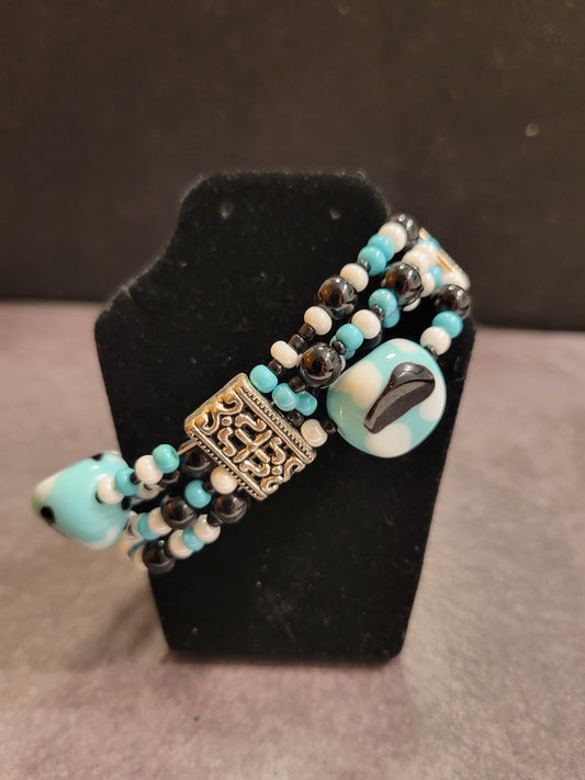 Bracelet - Light Blue, Black, White & Silver - Approx. 7 1/4"