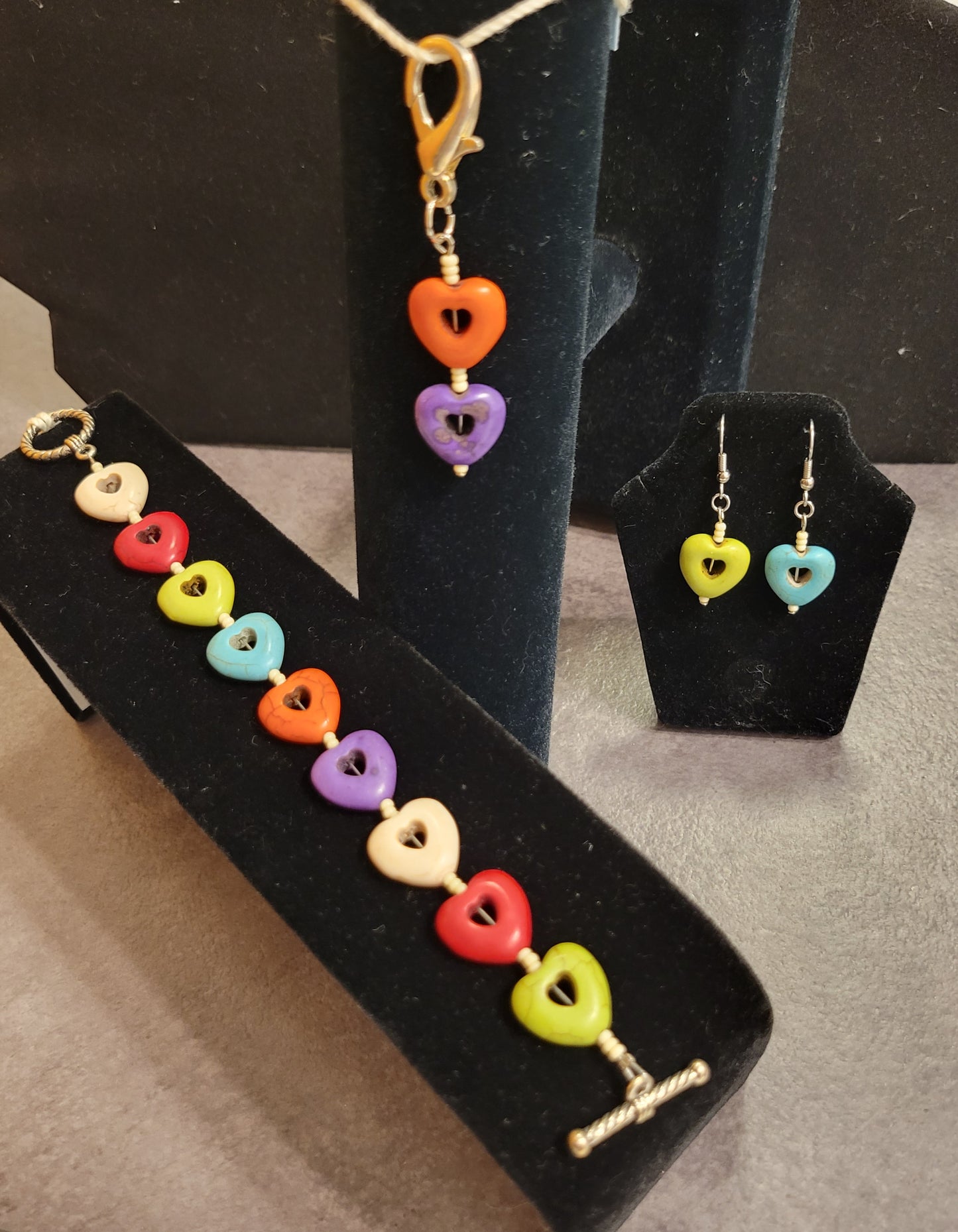 Multi-color Heart Set - Bracelet, Earrings, Pendant