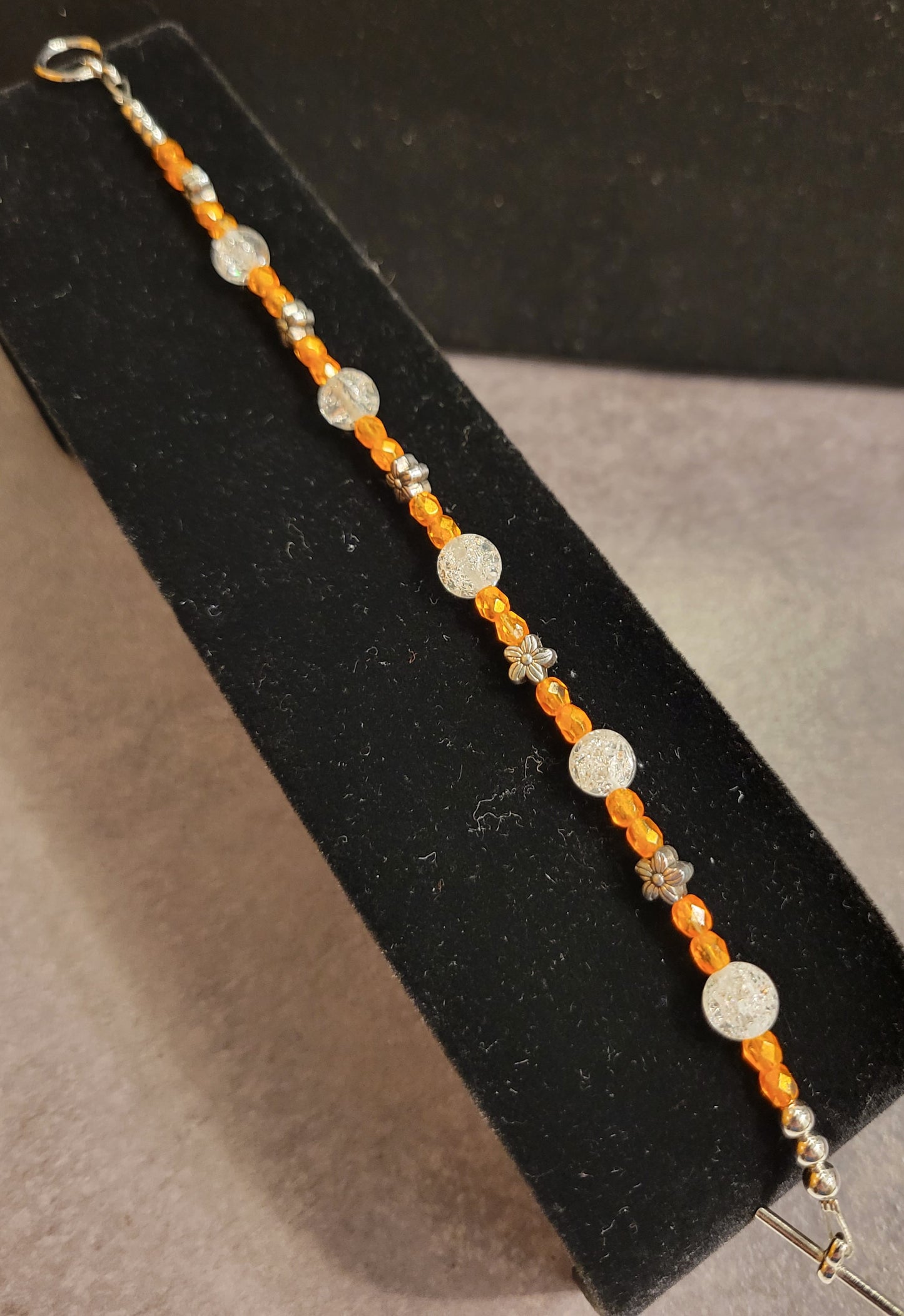 Orange, Silver Flower & Crystal Round Bracelet - Approx. 8 1/2"