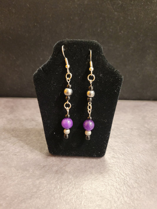 Earrings - Purple, silver, black - Approx. 1 3/4"