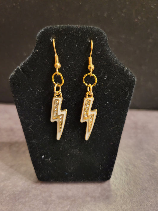 Earrings - White & Gold Lightning Bolts