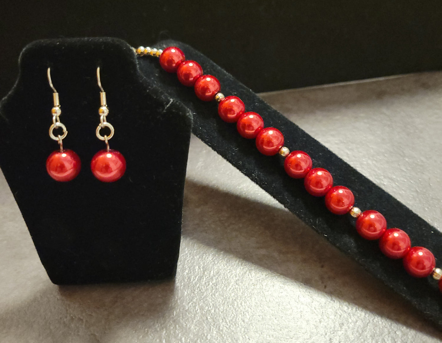 Bracelet & Earring Set - Xmas Red Pearl