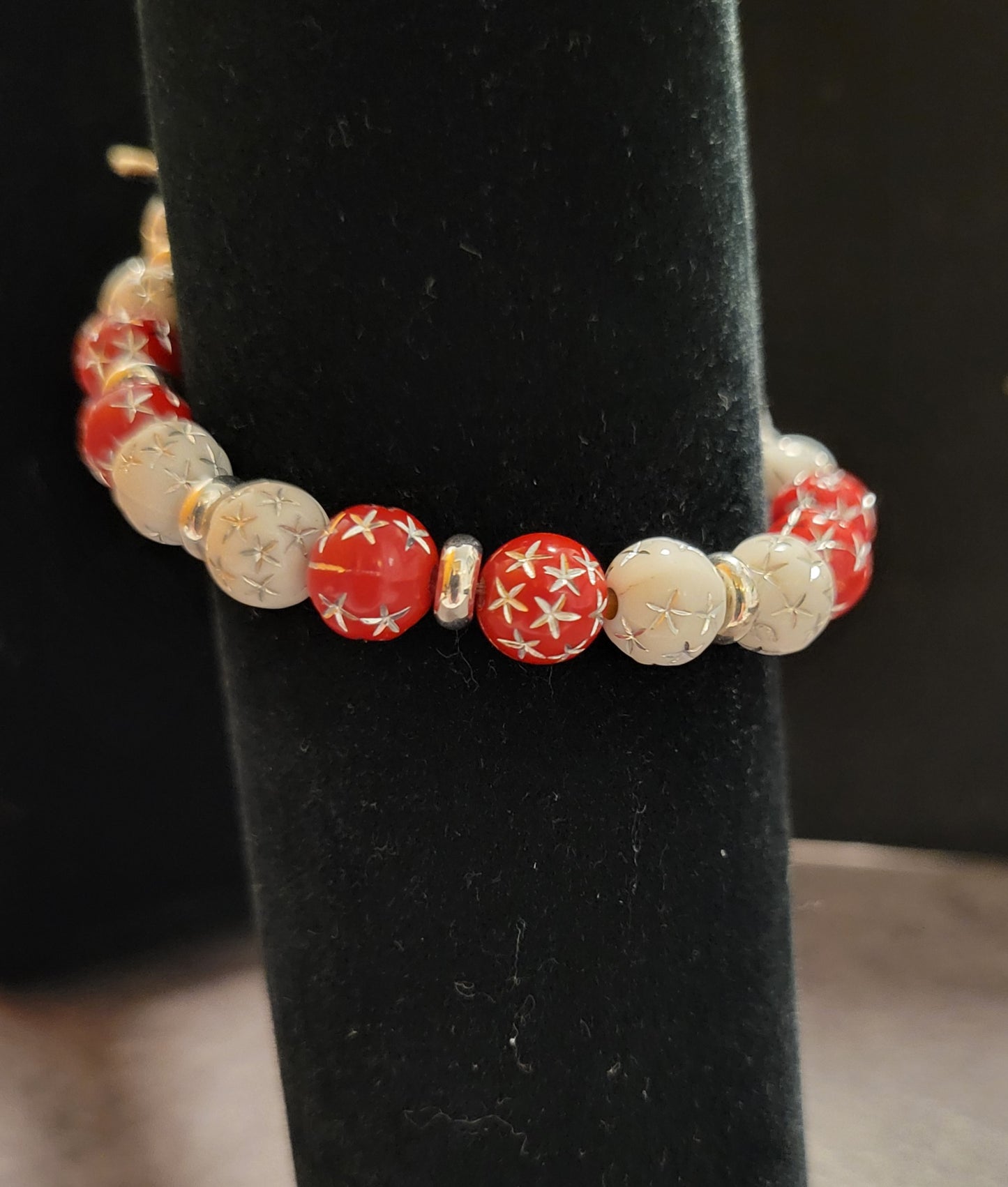 Stretch Bracelet - Red, White, Silver - Approx. 7 1/2"