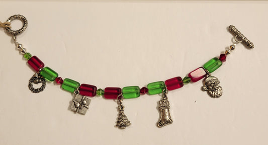 Bracelet - Red & Green w/Christmas charms - Approx. 8"