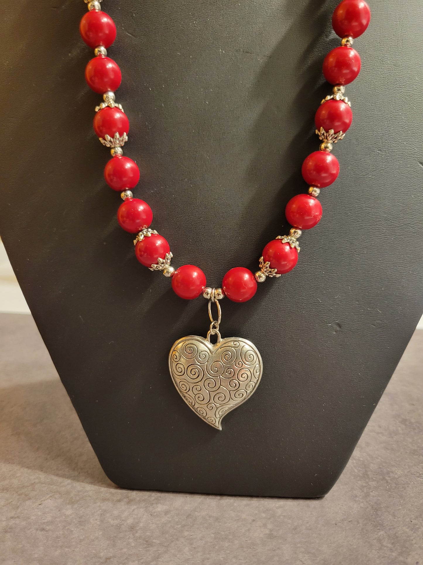 Necklace, w/Heart pendant, Red & Silver, Approx. 18 1/2"