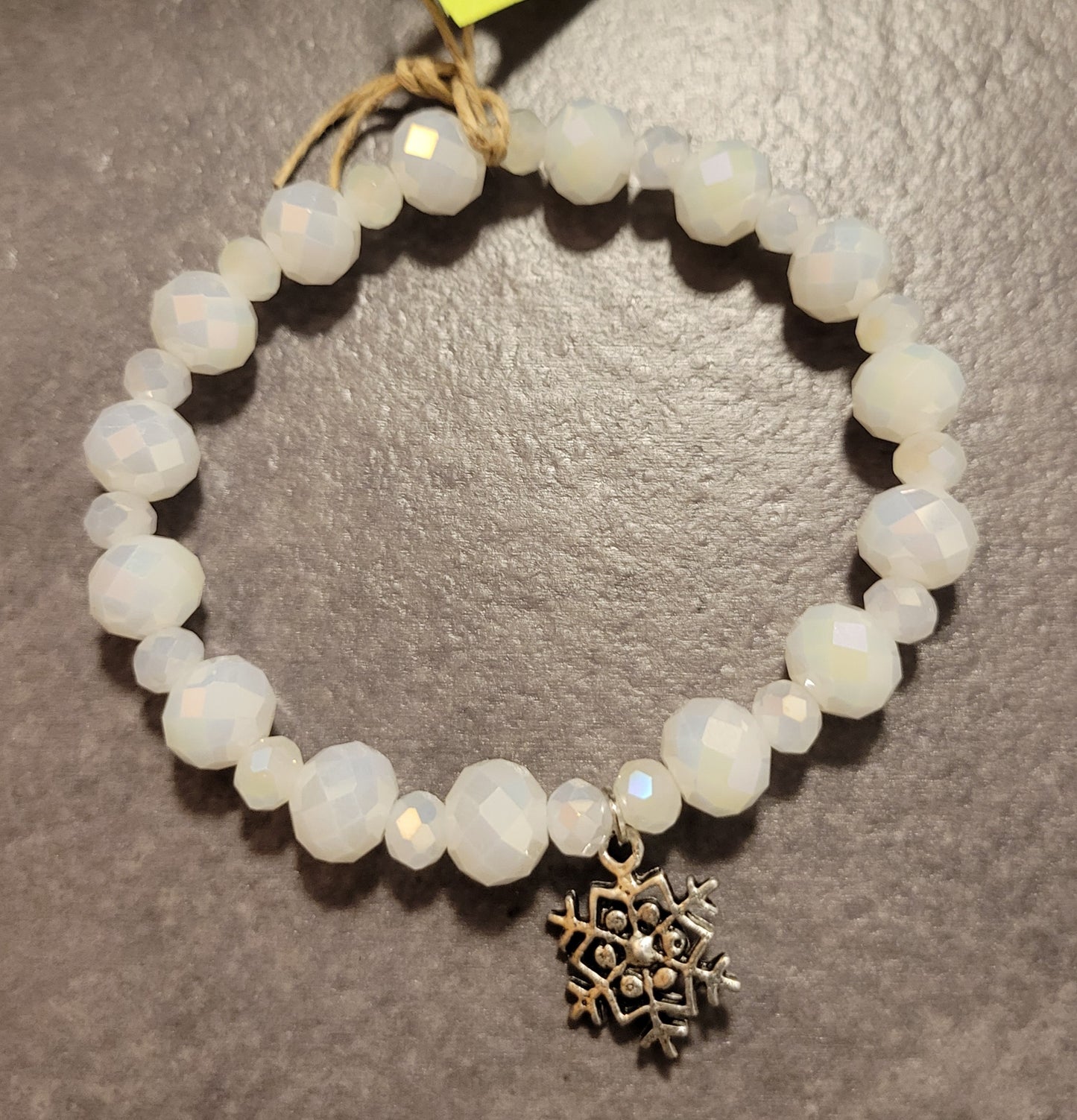 Stretch Bracelet - White Faceted Beads w/Snowflake Charm - Approx. 7 1/2"