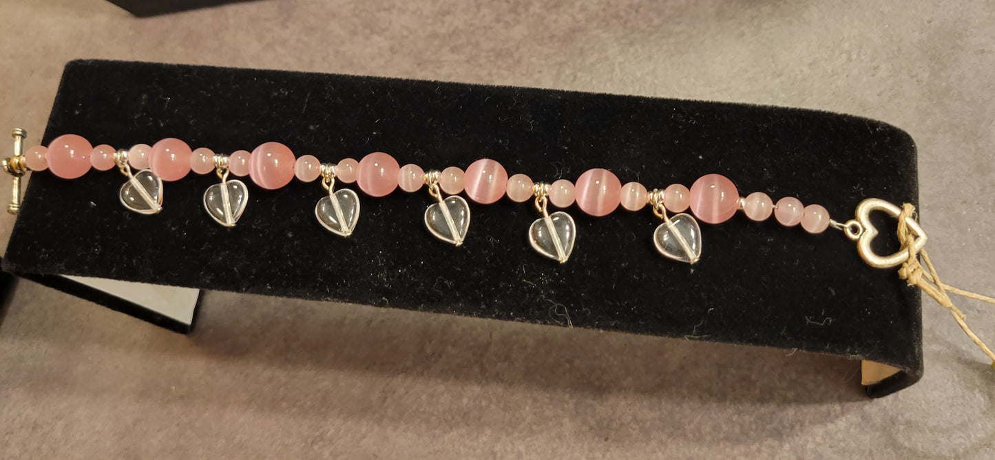 Bracelet - Pink Cat's Eye w/Clear Heart Charms - Approx. 8 1/4"