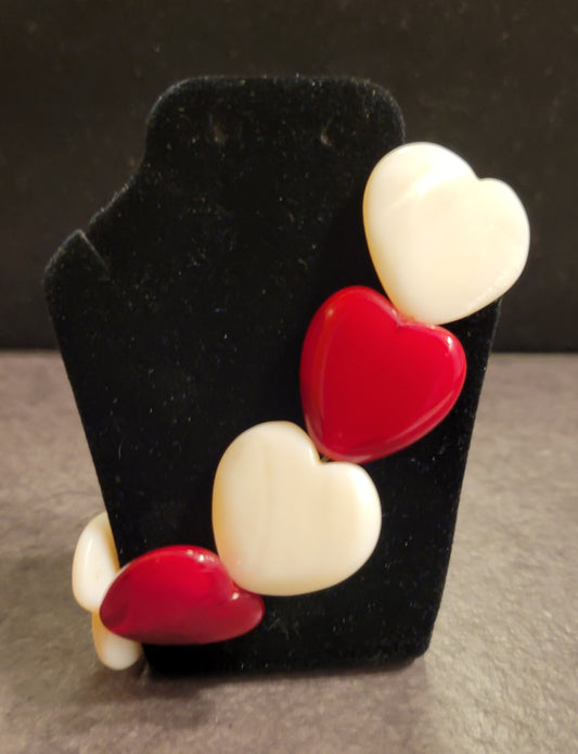 Stretch Bracelet - Red & White Hearts - Approx. 7 1/2"