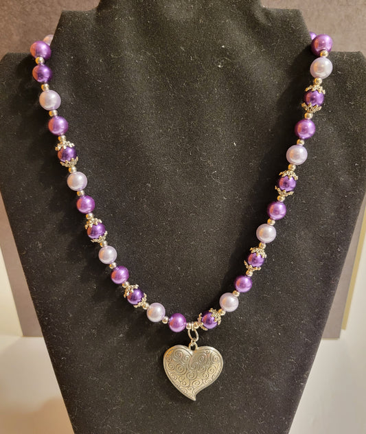 Necklace - Purple & Silver Mix - Silver Heart Pendant - Approx. 19 1/4"