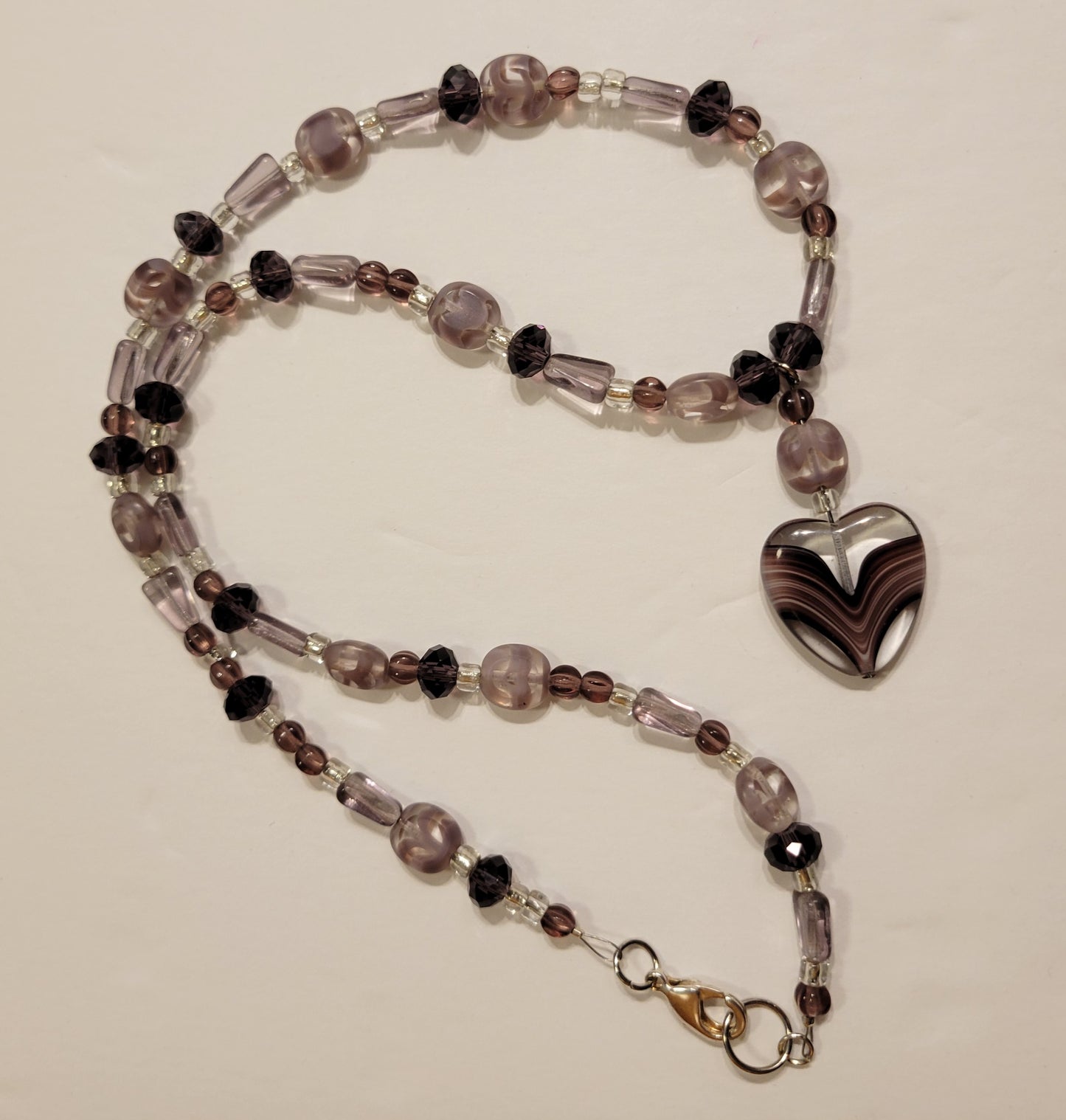 Necklace - Dusty Purple Mix w/ Heart Pendant - Approx. 21"