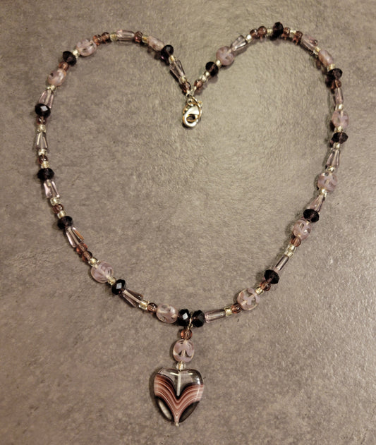 Necklace - Dusty Purple Mix w/ Heart Pendant - Approx. 21"