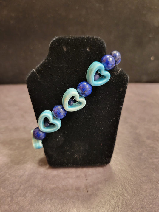 Bracelet - Teal Blue Hearts w/Dark Blue Rounds -Approx. 7 1/2"