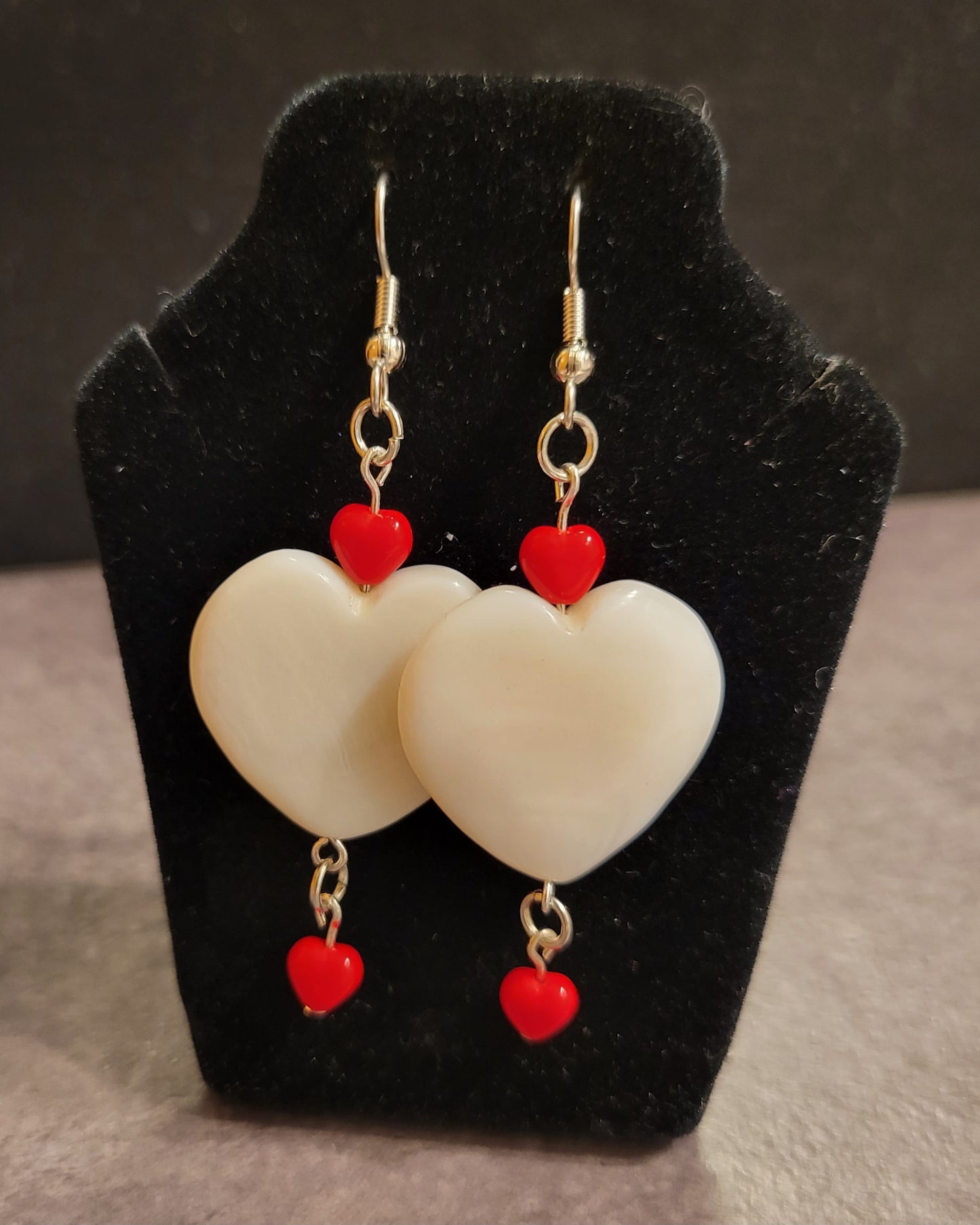 Earrings - White Shell Heart & Red Opaque Hearts