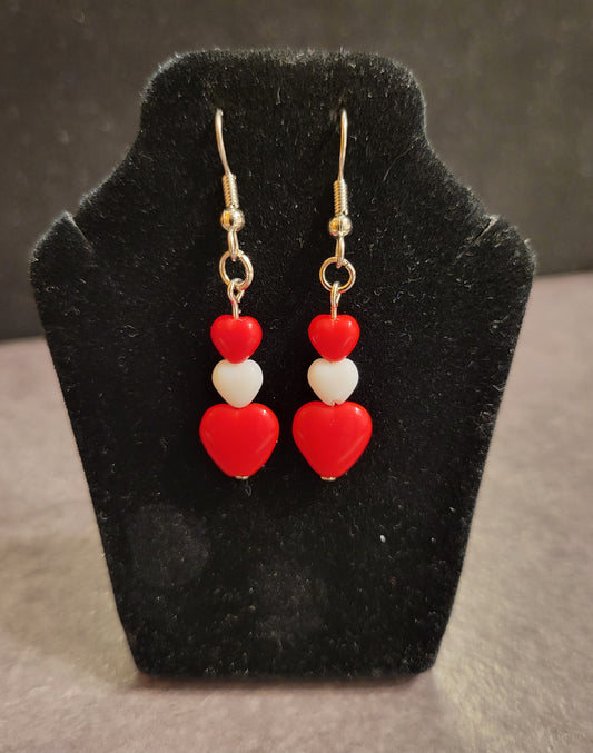 Earrings - Triple Opaque Hearts - Red & White