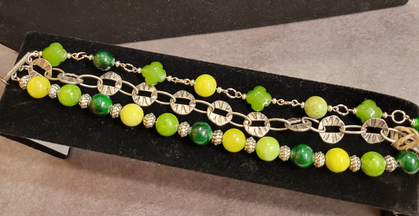 Three Strand Bracelet - Mix of green & silver - Approx. 8"