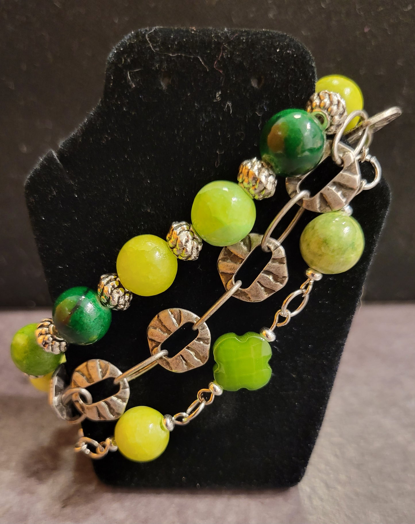 Three Strand Bracelet - Mix of green & silver - Approx. 8"