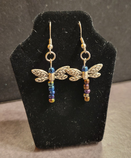 Dragonfly Earrings - Dark Metallic Blue & Silver