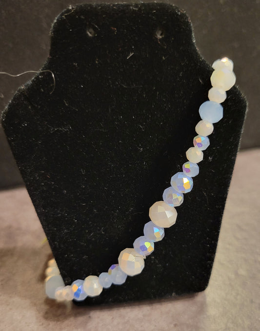 Stretch Bracelet - Light Blue & White Faceted - Approx. 7 1/2"