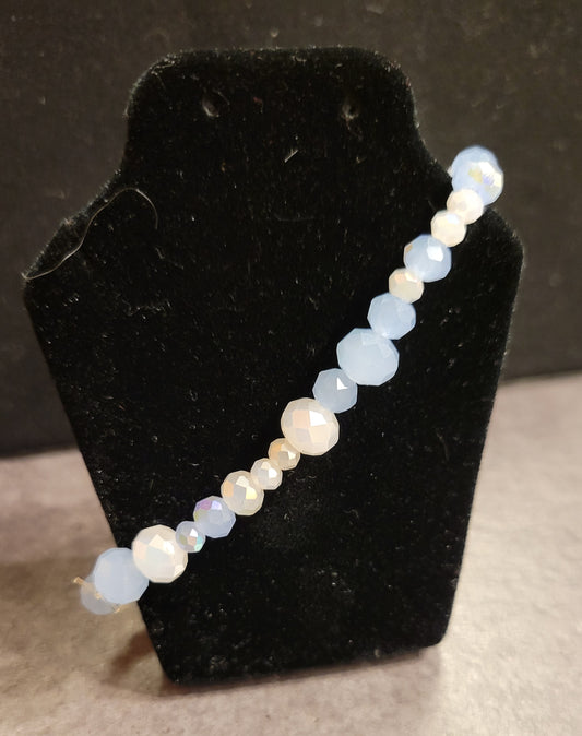 Stretch Bracelet - Light Blue & White Faceted - Approx. 7 1/2"