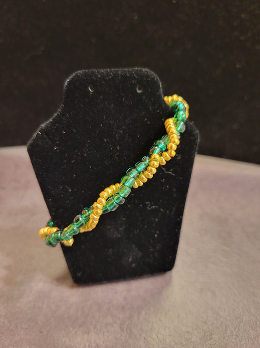 Green & Gold Seed Bead Twisted Stretch Bracelet - Approx. 7 1/2"