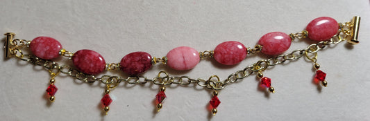 Red & Pink stones, Red crystal w/gold chain, 2 stranded Bracelet - approx. 7 3/4"