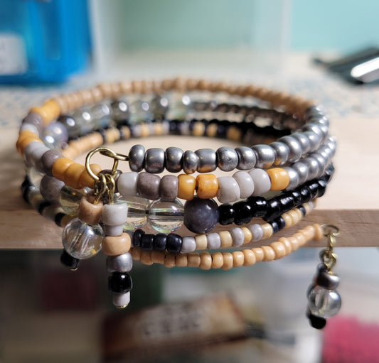 Peach, gray, black, silver Memory Wire Bracelet - One size fits most