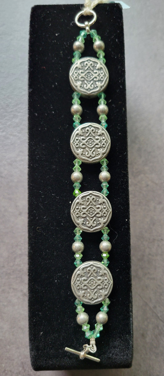 Silver & Green w/Swarovski Bicones Toggle Bracelet, approx. 7"