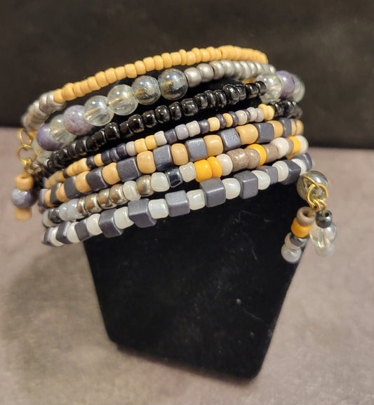 Memory Wire Bracelet - peach, gray, silver, black mix - 8 wraps - one size fits most