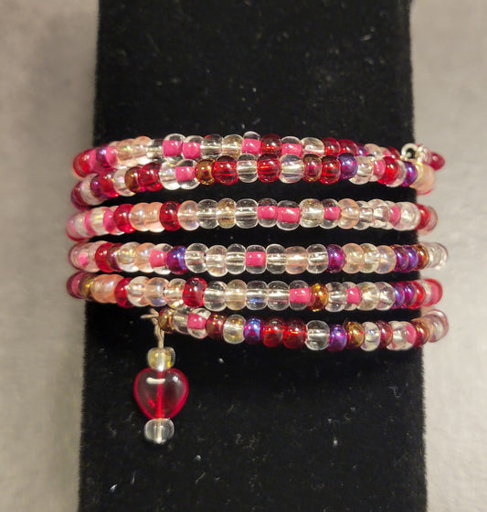 Pink, red, crystal mix - Memory Wire bracelet w/heart dangles