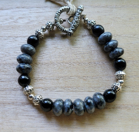 Gray stone, black & silver Toggle Bracelet, Approx. 7 3/4"