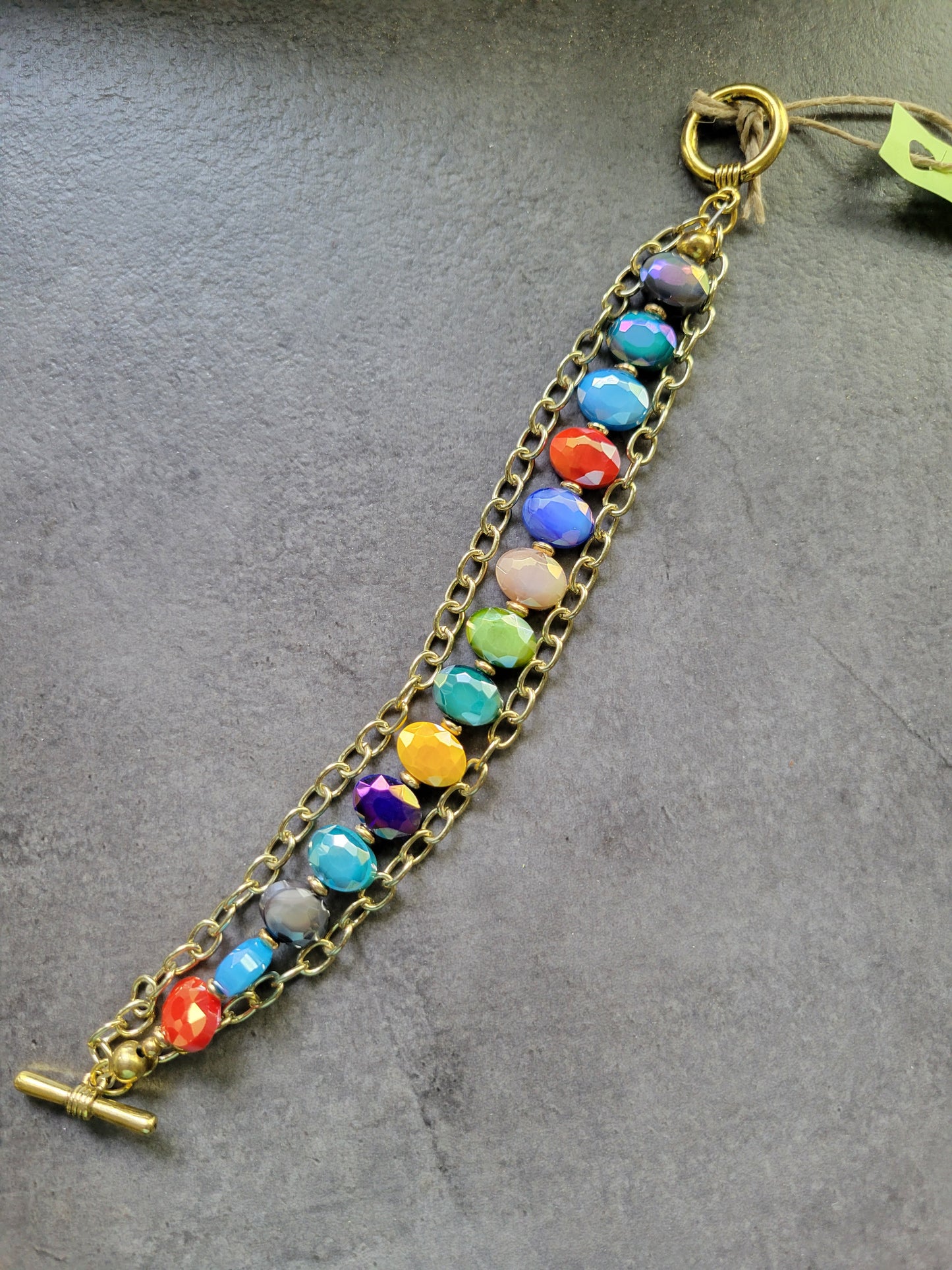 3-Strand Multi-color Bracelet w/Gold chains, Toggle Bracelet- Approx. 7 1/2"