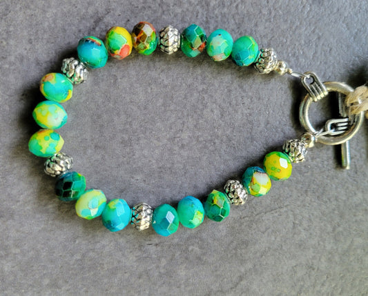Turquoise glass faceted Toggle Bracelet w/ silver - Approx. 7 "